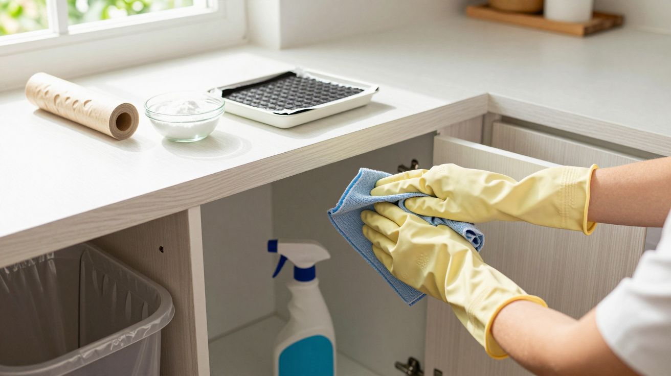 Person in yellow gloves cleaning kitchen counter with cloth, spray bottle nearby.