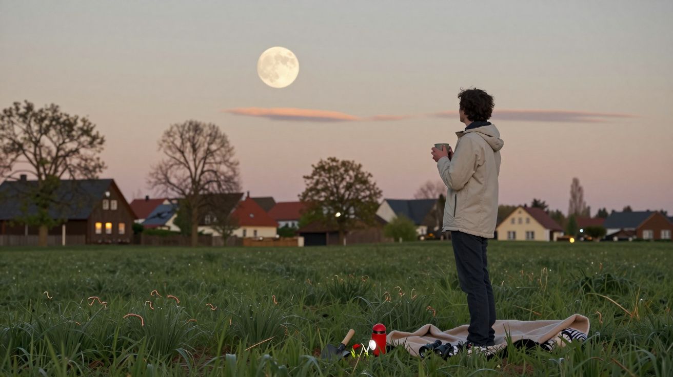 Person standing on blanket in field, drinking from a cup, looking at full moon over village at dusk.