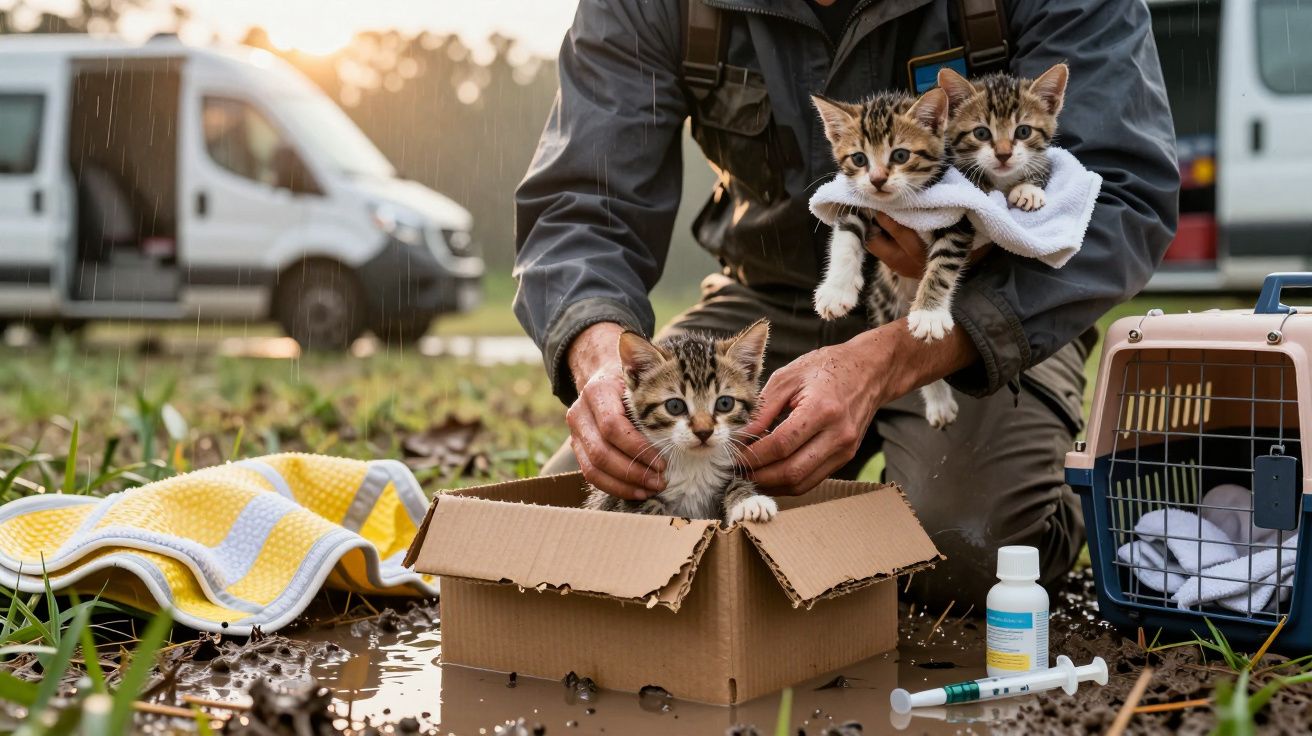 Person rescuing kittens from a wet field, placing them in a box, with a van and pet carrier nearby.