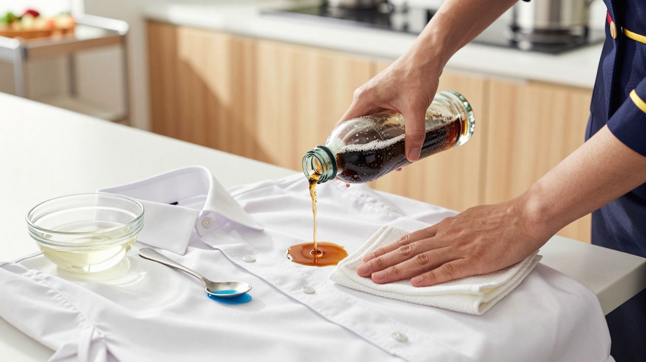 Pouring tea on a white shirt, hand holding a cloth for cleaning.