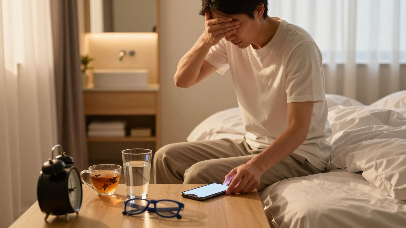 Man sitting on bed, holding head, phone and glasses on table, morning light.