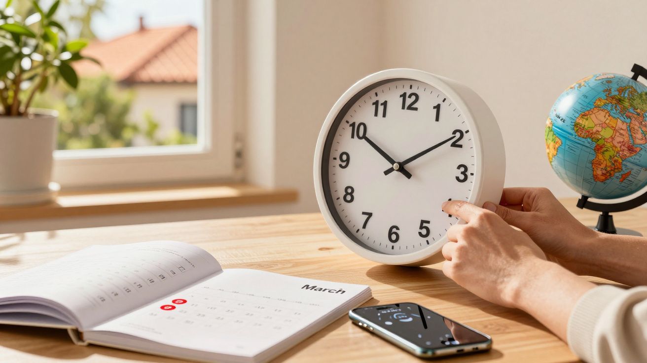 Person adjusting clock on wooden desk with calendar, phone, plant, and globe in a sunlit room.