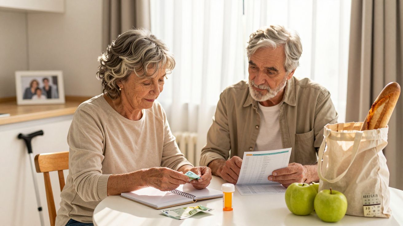 Elderly couple reviewing documents at home, seated at table with groceries and medication.