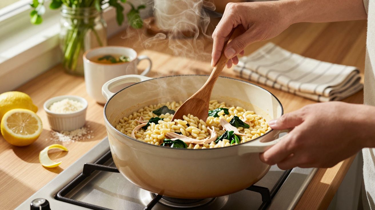 Person stirring pasta and spinach in a pot on a stove, with lemon and herbs on the countertop nearby.