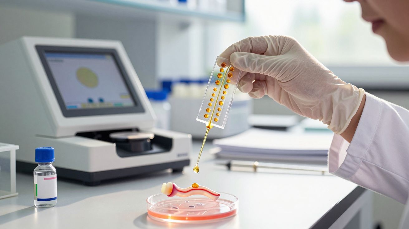 Scientist in lab coat drops a liquid into a petri dish, with lab equipment in the background.