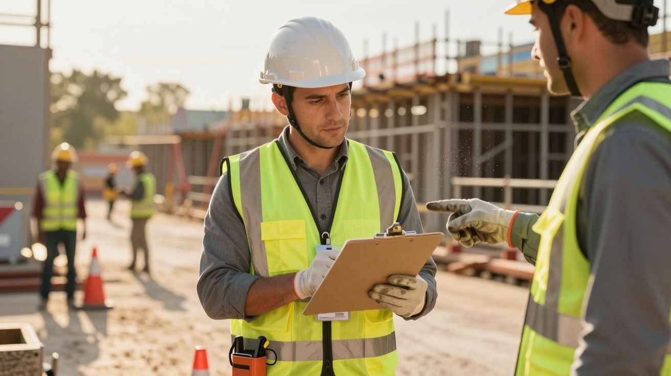 Construction workers in safety gear discussing plans on-site; one holds a clipboard, others work in the background.