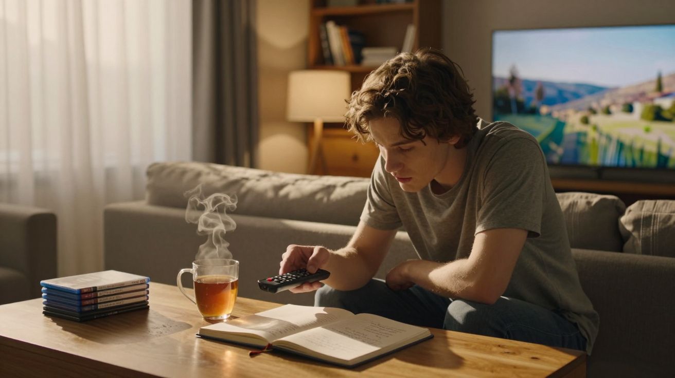 Young man on sofa with remote, notebook, and tea, in cosy living room with TV in background.