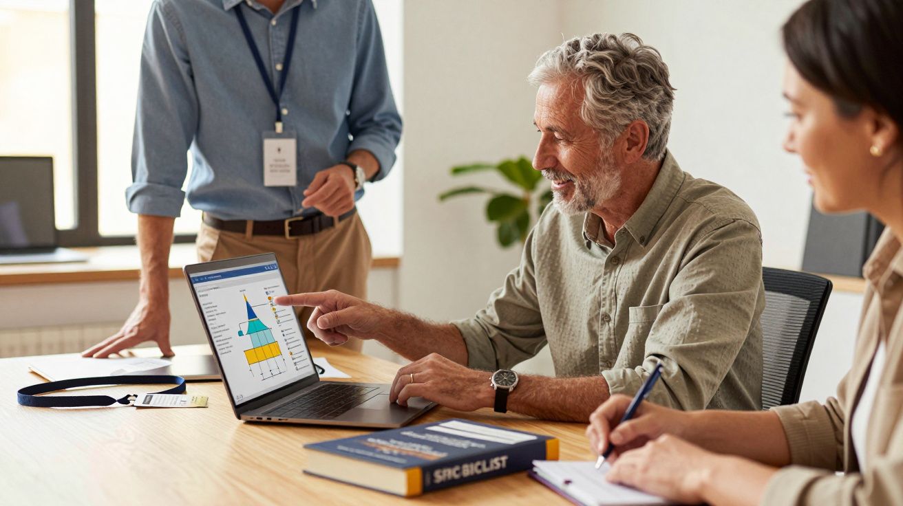 Older man pointing at a laptop screen during a meeting, while two colleagues take notes.
