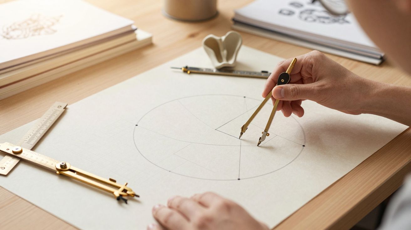 Person using a compass to draw a circle on graph paper, surrounded by drafting tools on a wooden desk.