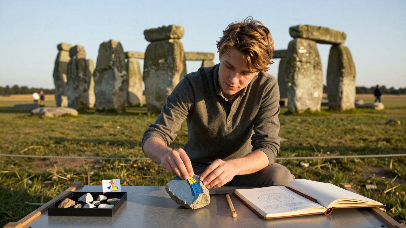 A person examines a rock with tools and notes at a table in front of Stonehenge.