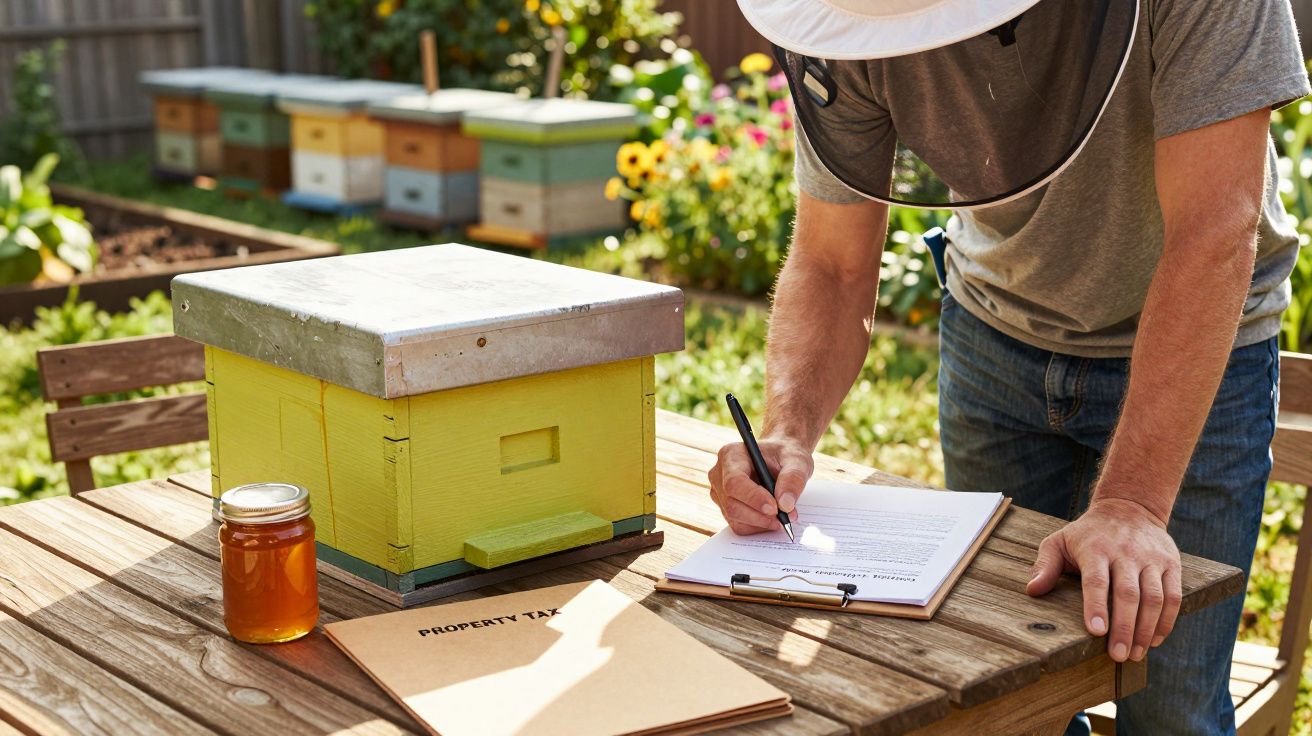 Person in beekeeping attire writing on clipboard next to a beehive and jar of honey in a garden with colourful hives in backg