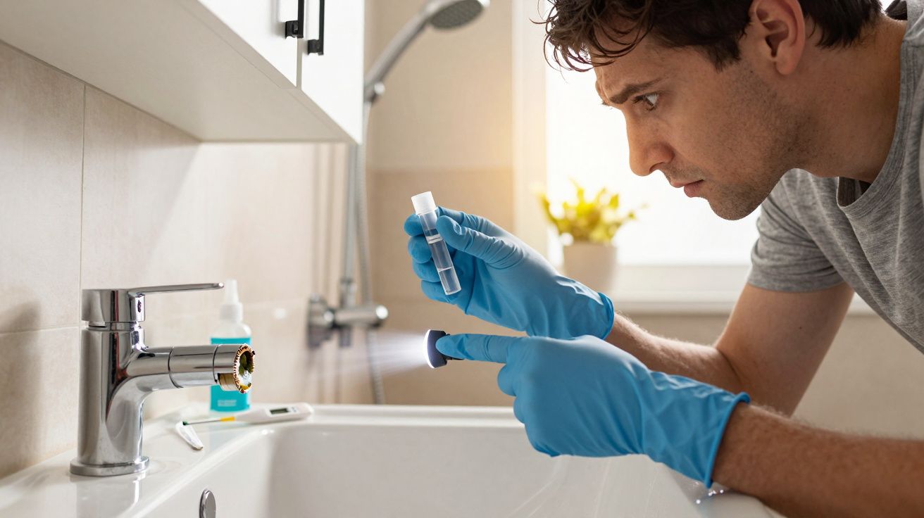 Man in gloves inspecting bathroom tap with a test kit.