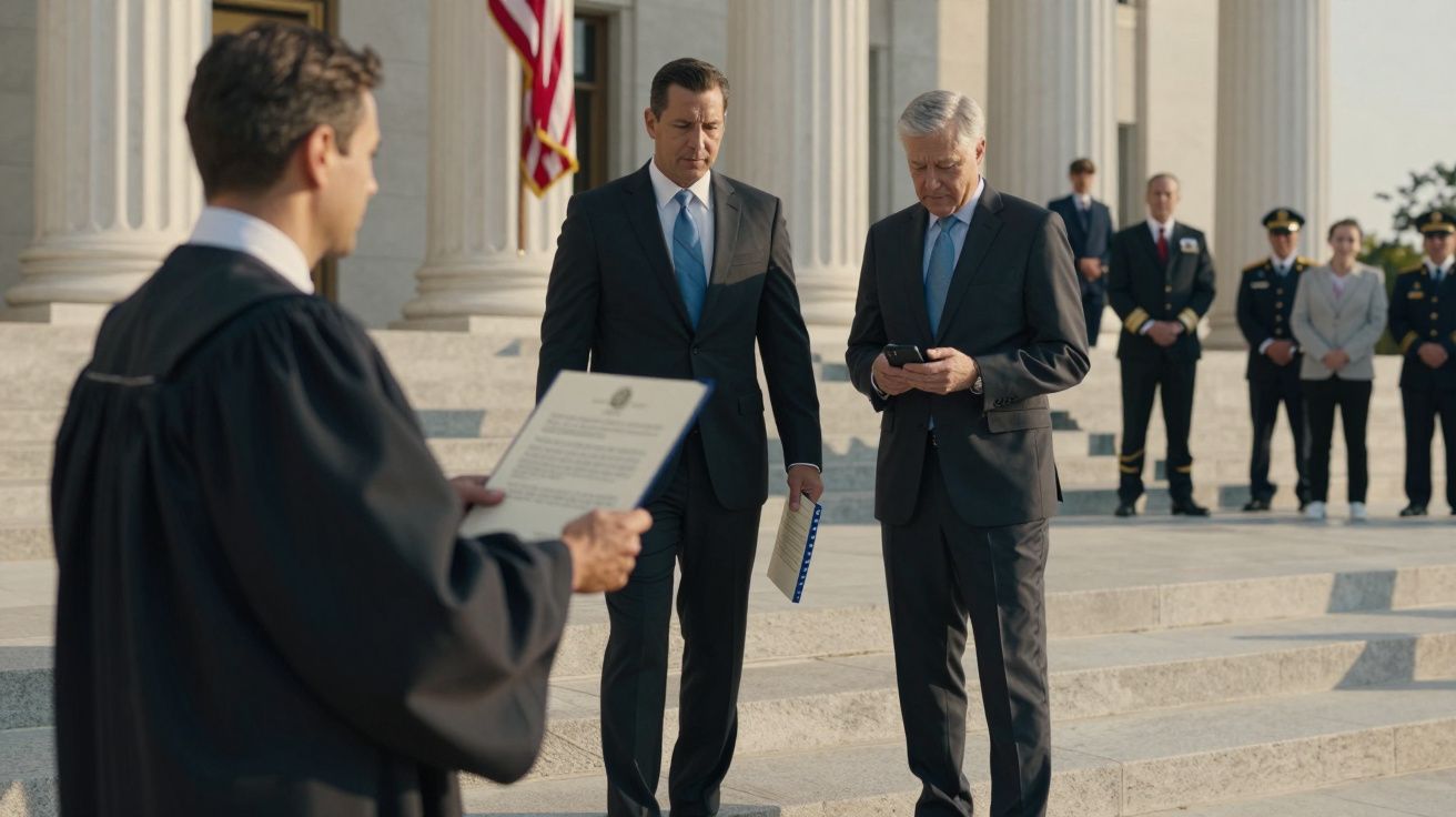 A formal ceremony on courthouse steps with officials, a judge reading a document, and people standing in the background.