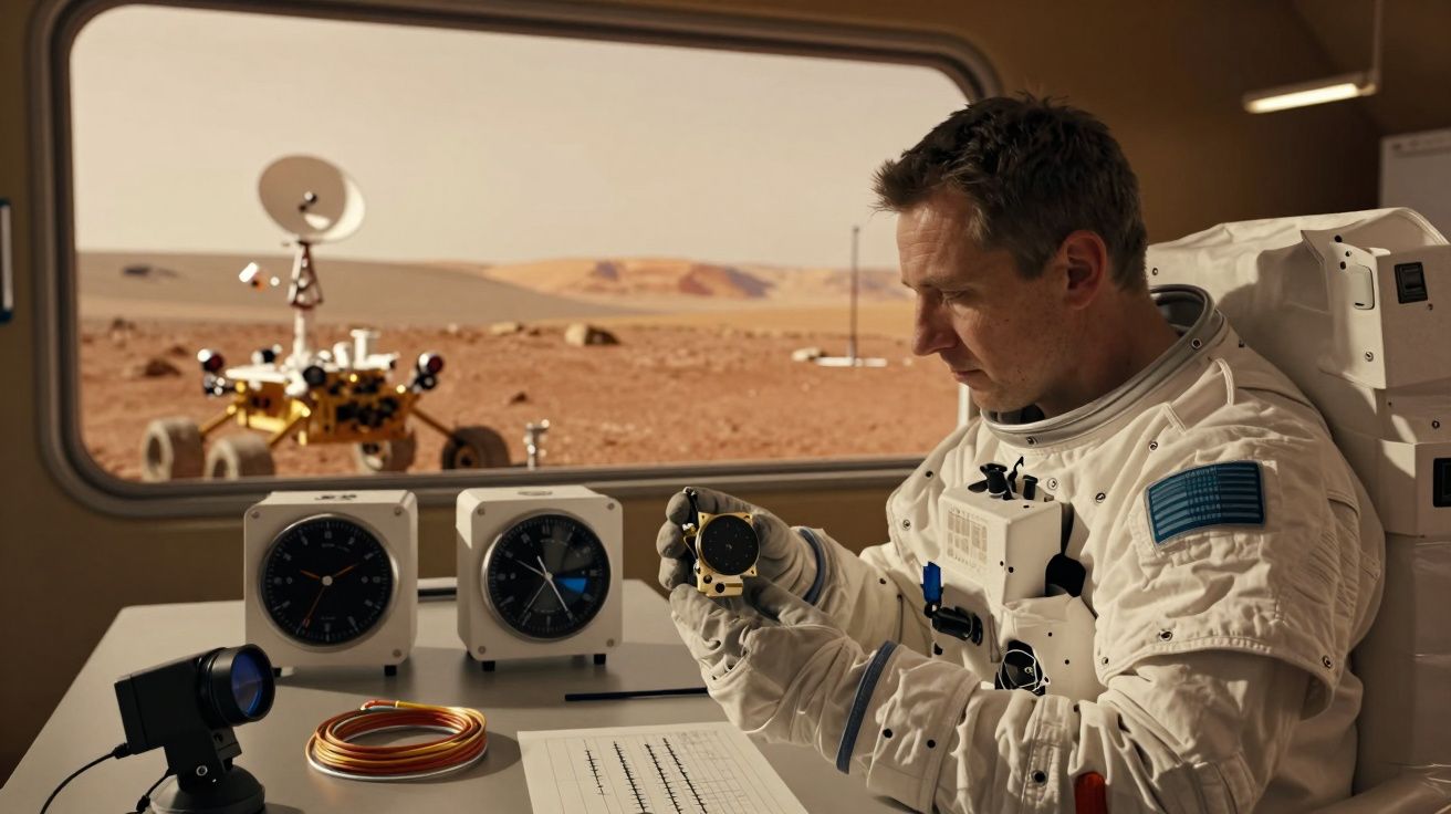 Astronaut in room examining device with Mars rover visible through window.