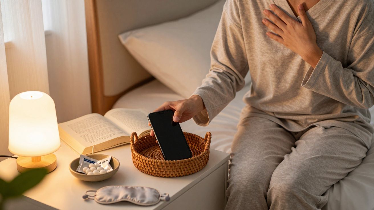 Person in pyjamas sitting on bed, reaching for phone in basket beside lamp, pills, open book, and sleep mask on nightstand.