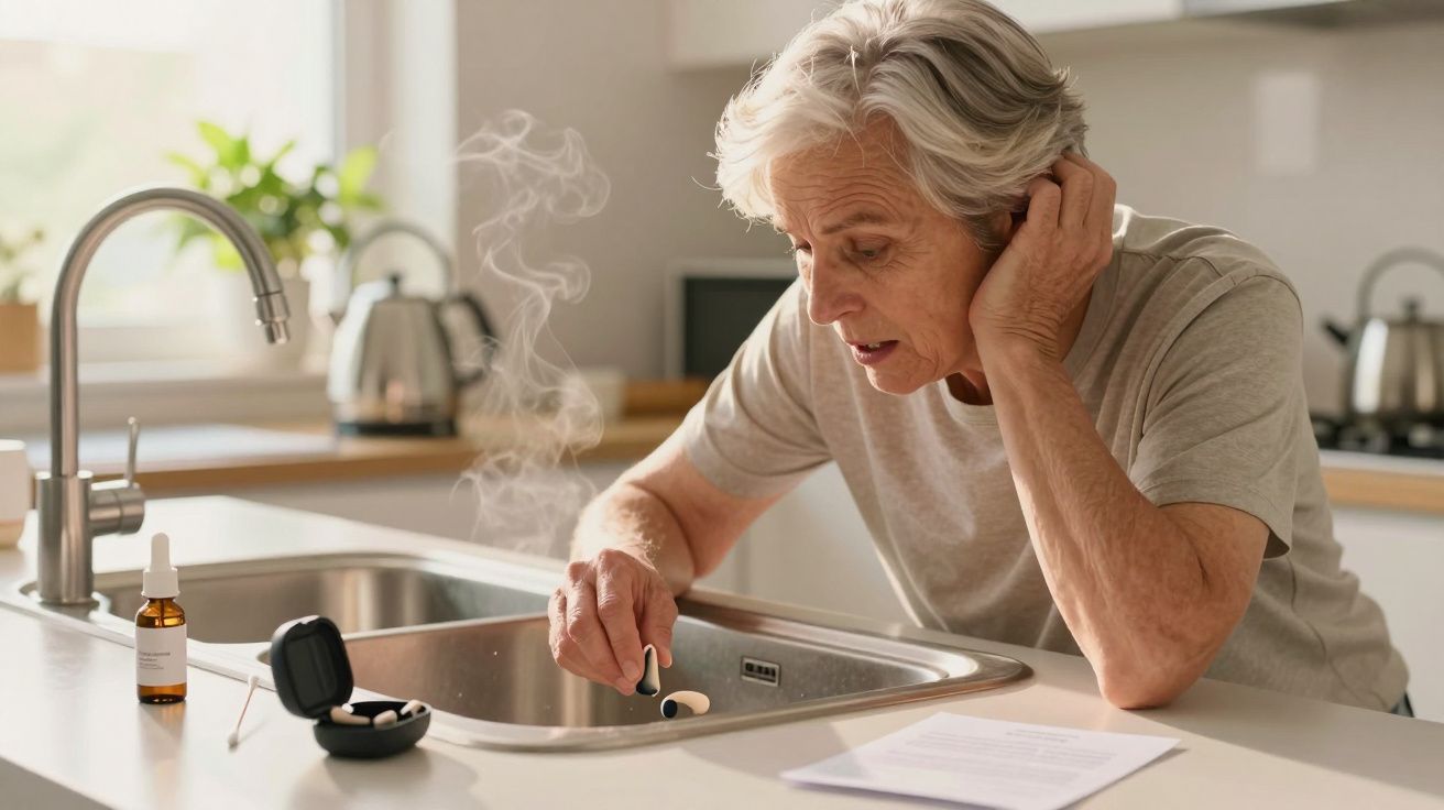 Elderly woman in kitchen holding steaming earbud under sink, with a focus on ear cleaning supplies nearby.