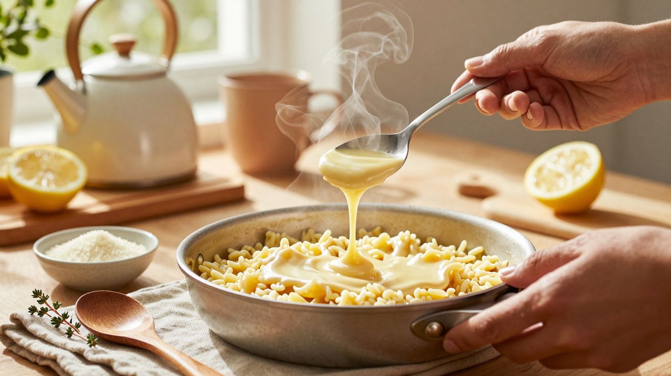Hand pouring creamy sauce onto pasta in a pan on a wooden table with lemons, a teapot, and a wooden spoon nearby.