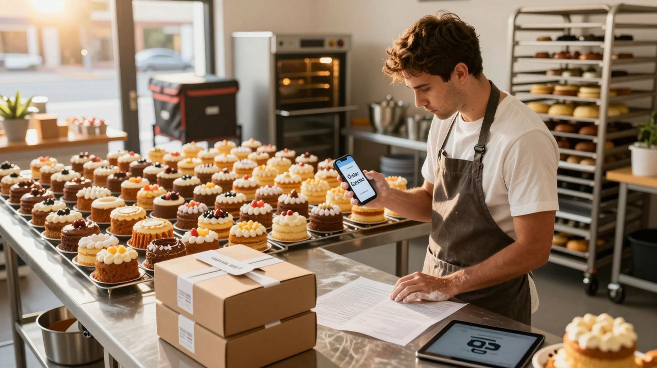 Baker in apron checks phone next to rows of cakes in kitchen, boxes ready for delivery, tablet on table.