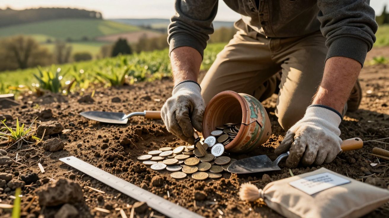 Person uncovering coins from a ceramic pot buried in soil, wearing gloves, with tools and fields in the background.