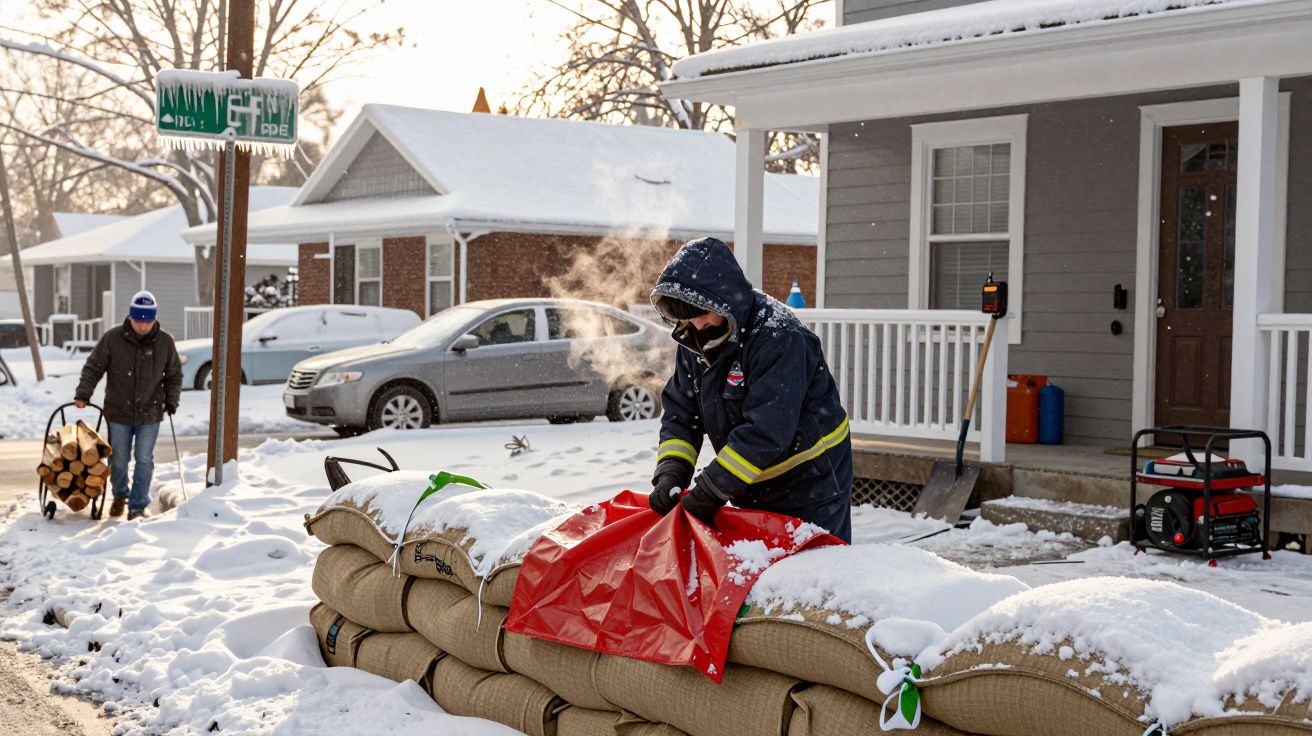 Person in winter coat arranging sandbags in snowy residential street, with another person carrying firewood.