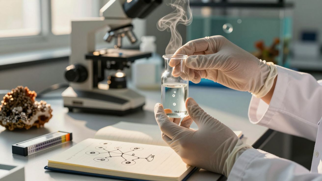 Scientist's hands hold smoking beaker in lab with microscope, notebook, pen, and coral sample on desk.