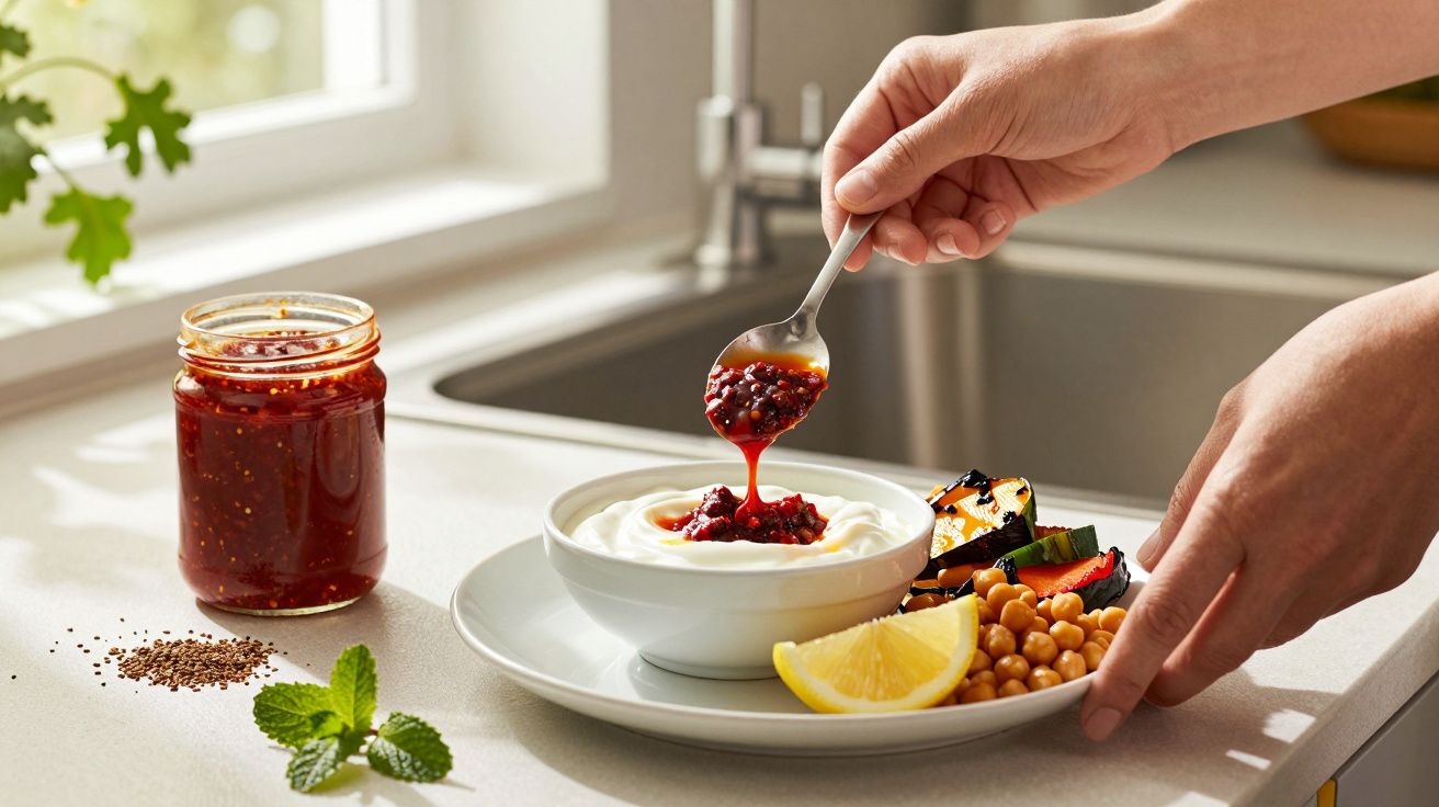 Person adding spicy sauce to yoghurt in a bowl, with chickpeas, courgettes, lemon slices, and mint on a white plate.