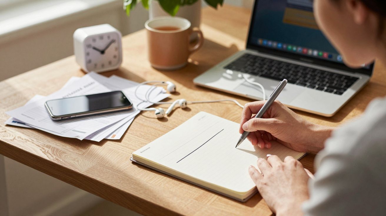 Person writing in notebook at a desk with a laptop, phone, clock, earphones, and coffee.