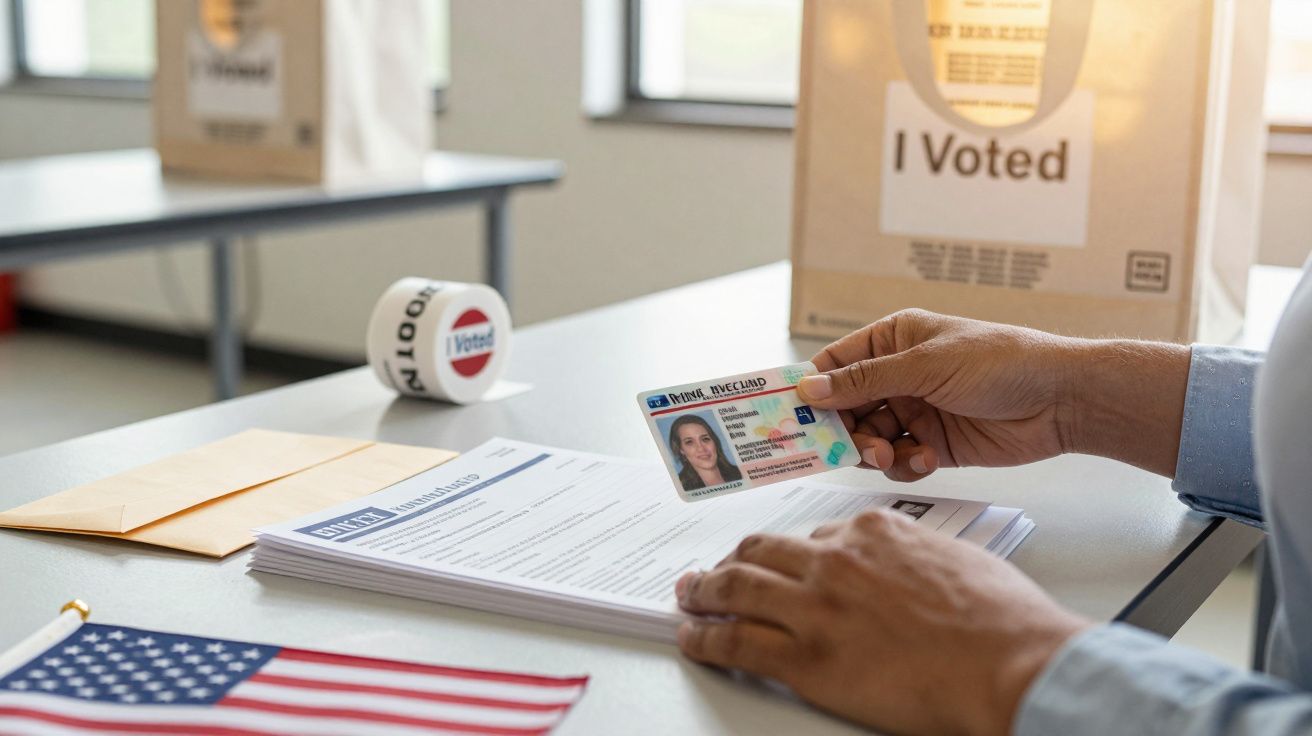 Person holding ID card at voting station, papers on table, with "I Voted" stickers and American flag visible.