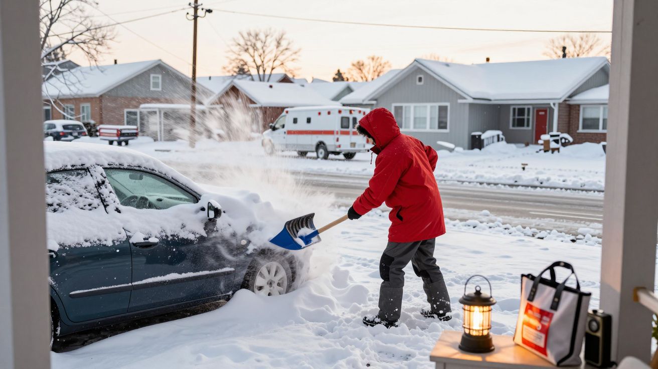 Person in red coat shovelling snow off a car parked on a snowy street, with houses in the background.