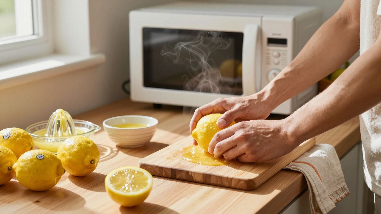 Person squeezing lemon over chopping board in kitchen, with lemons and juicer nearby.