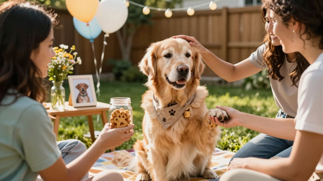 Three people pamper a Golden Retriever with treats and affection at a garden picnic, surrounded by balloons and flowers.