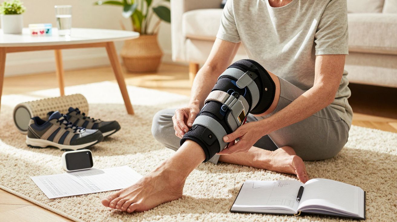 Person sitting on floor adjusting knee brace, surrounded by fitness gear and a notebook.