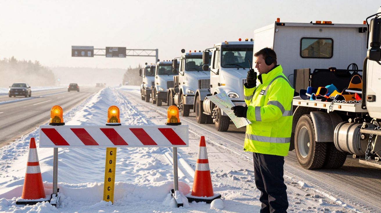 Worker in hi-vis holding clipboard near snow-covered road closed by barricades and cones, trucks lined up behind.