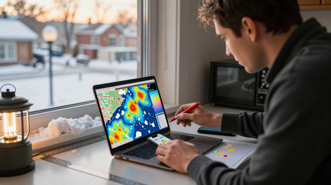 Man analysing colourful weather map on laptop by snowy window, holding pen, with lantern and snow outside.