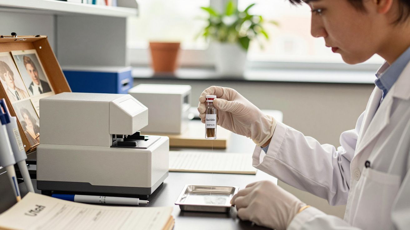 Scientist in a lab coat examining a DNA sample in a test tube, with photos and equipment on the desk.