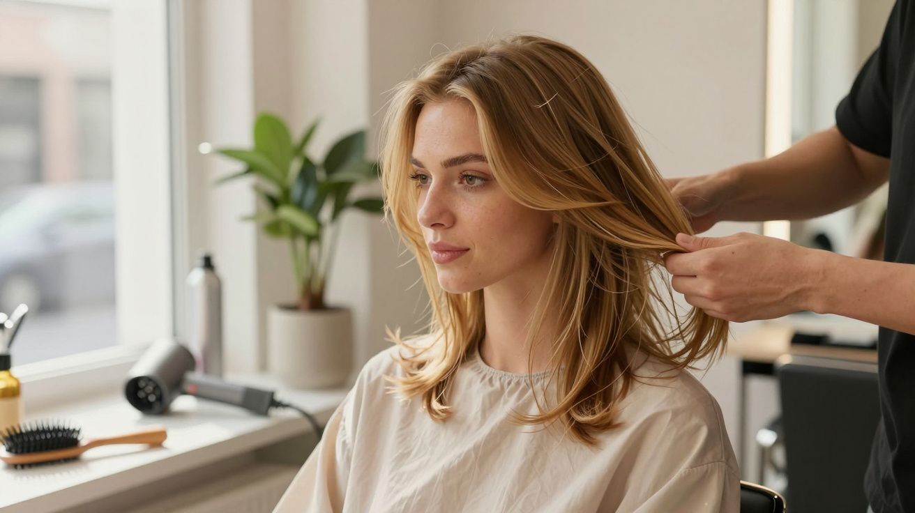 Woman with blonde hair getting a haircut near a window, with hairstylist adjusting hair, plant in background.