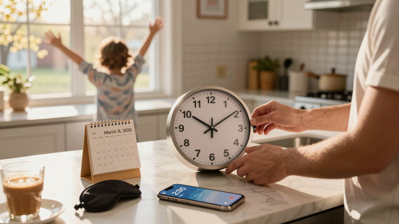 Person adjusting a clock near a calendar dated March 8, 2026, with a child playing by a sunny window in a kitchen.