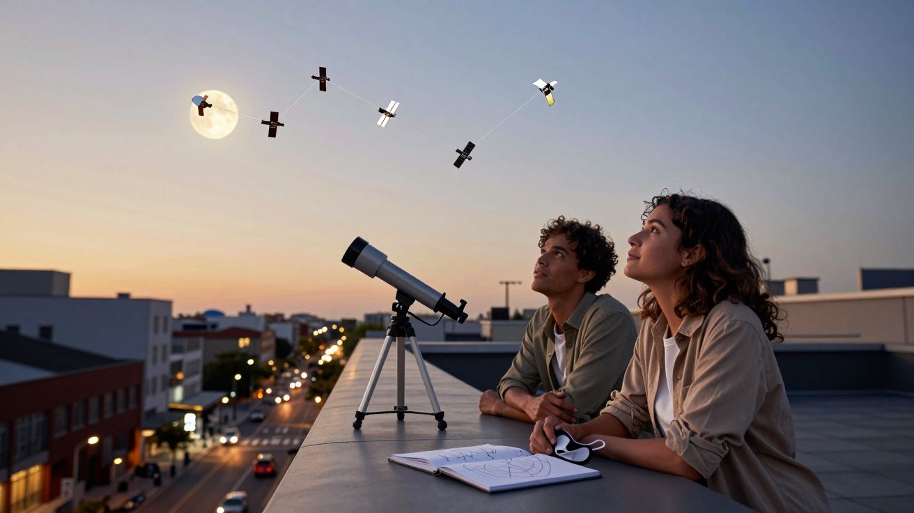 Two people stargazing with telescope on rooftop at dusk, observing satellites and moon; city lights in background.