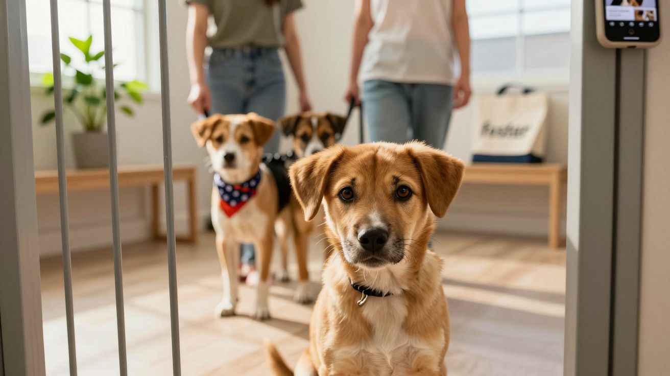 Three dogs on leads in a bright room, one sitting near a gate, and two in the background being walked by people.