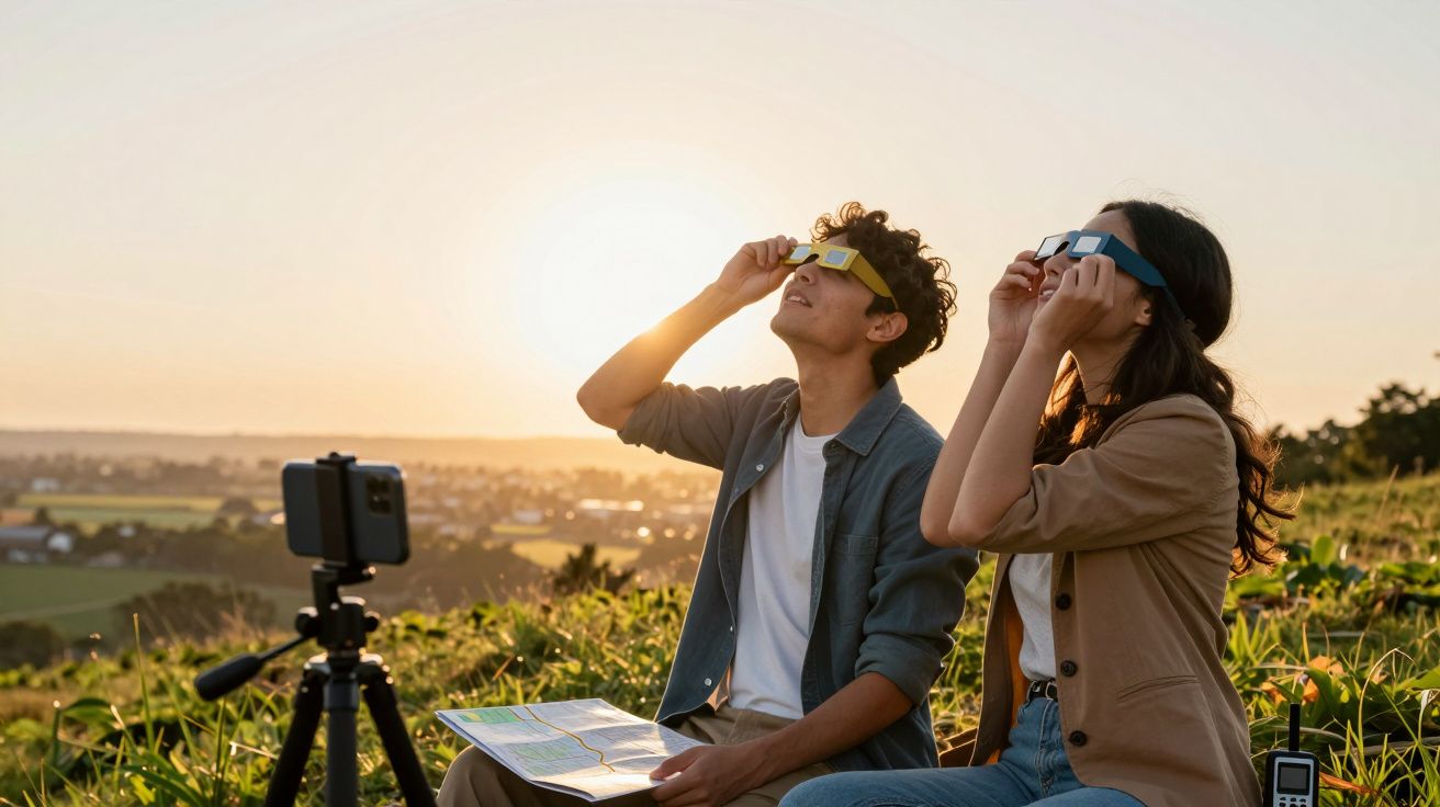 Two people wearing solar glasses watch an eclipse on a grassy hill as the sun sets in the background.
