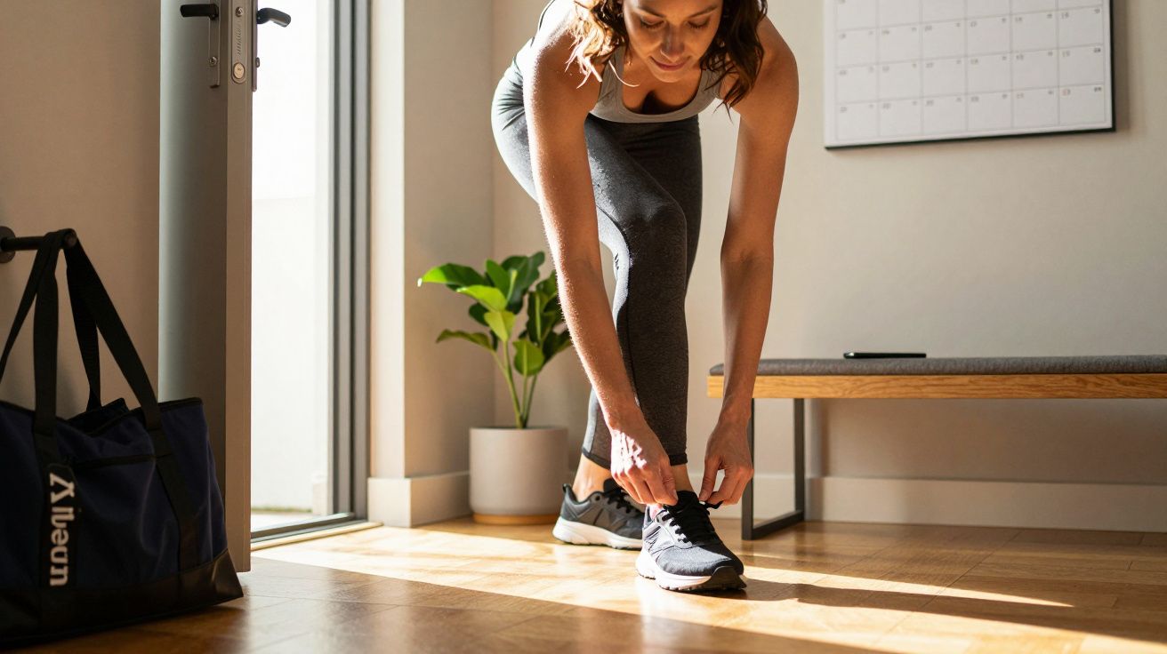 Woman in workout clothes tying shoelaces indoors, next to a bag and potted plant, with sunlight streaming in.