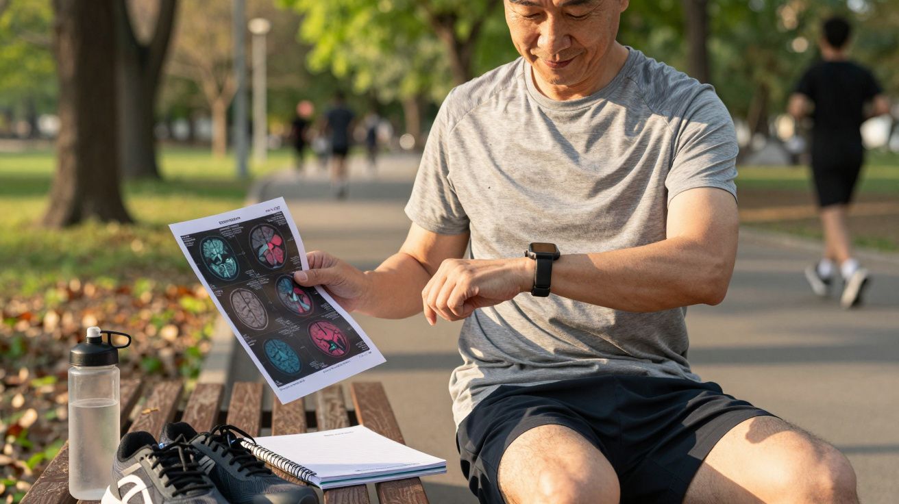 Man sitting on park bench, holding exercise sheet, checking smartwatch, with water bottle and shoes beside him.