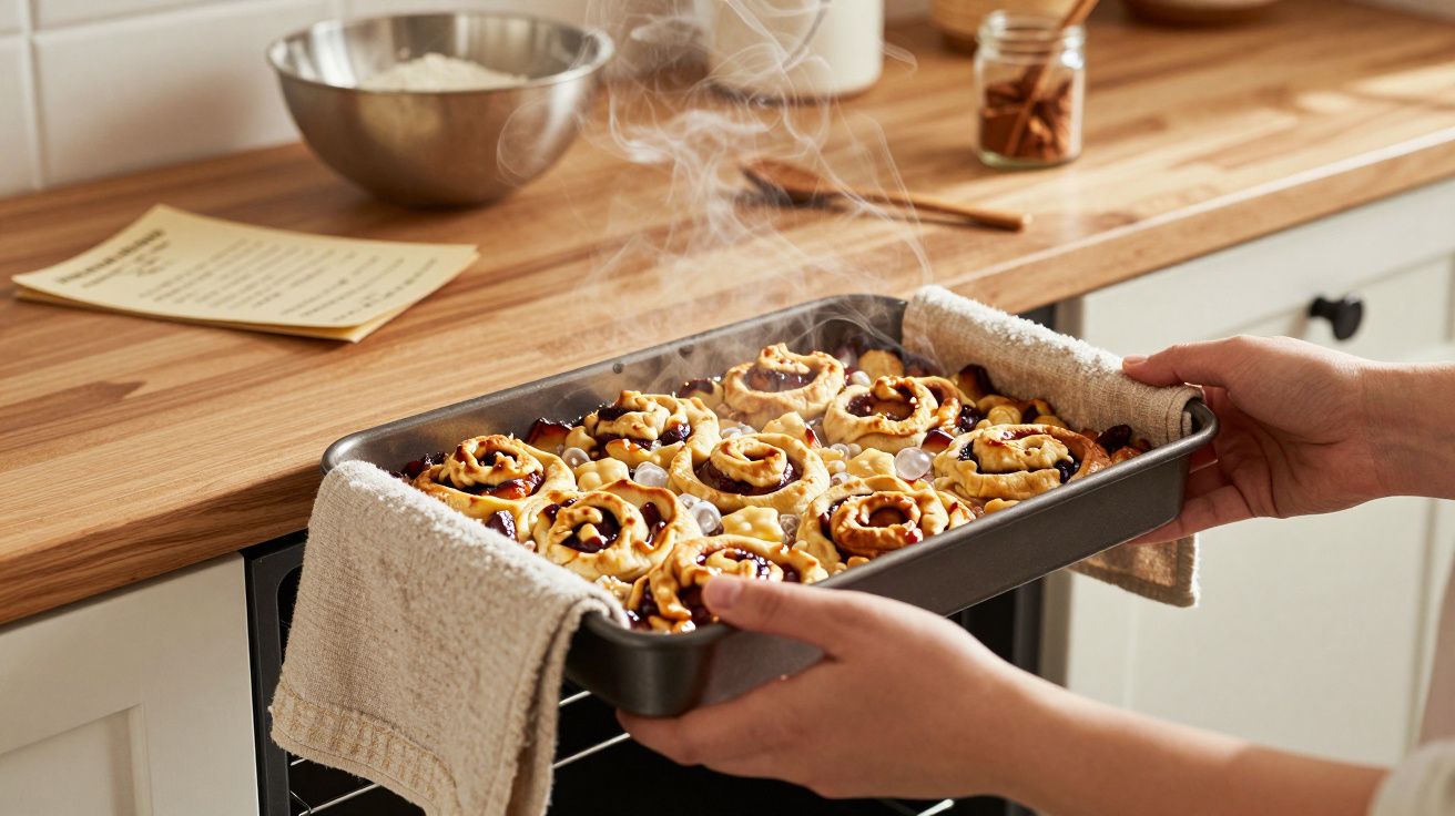 Person taking a tray of freshly baked cinnamon rolls out of the oven, with steam rising in a cosy kitchen setting.