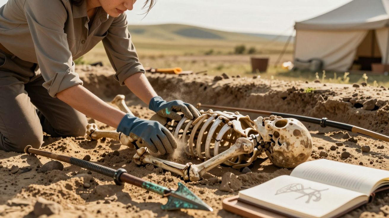 Archaeologist uncovering a skeleton in a sandy excavation site, with a book and spear nearby.