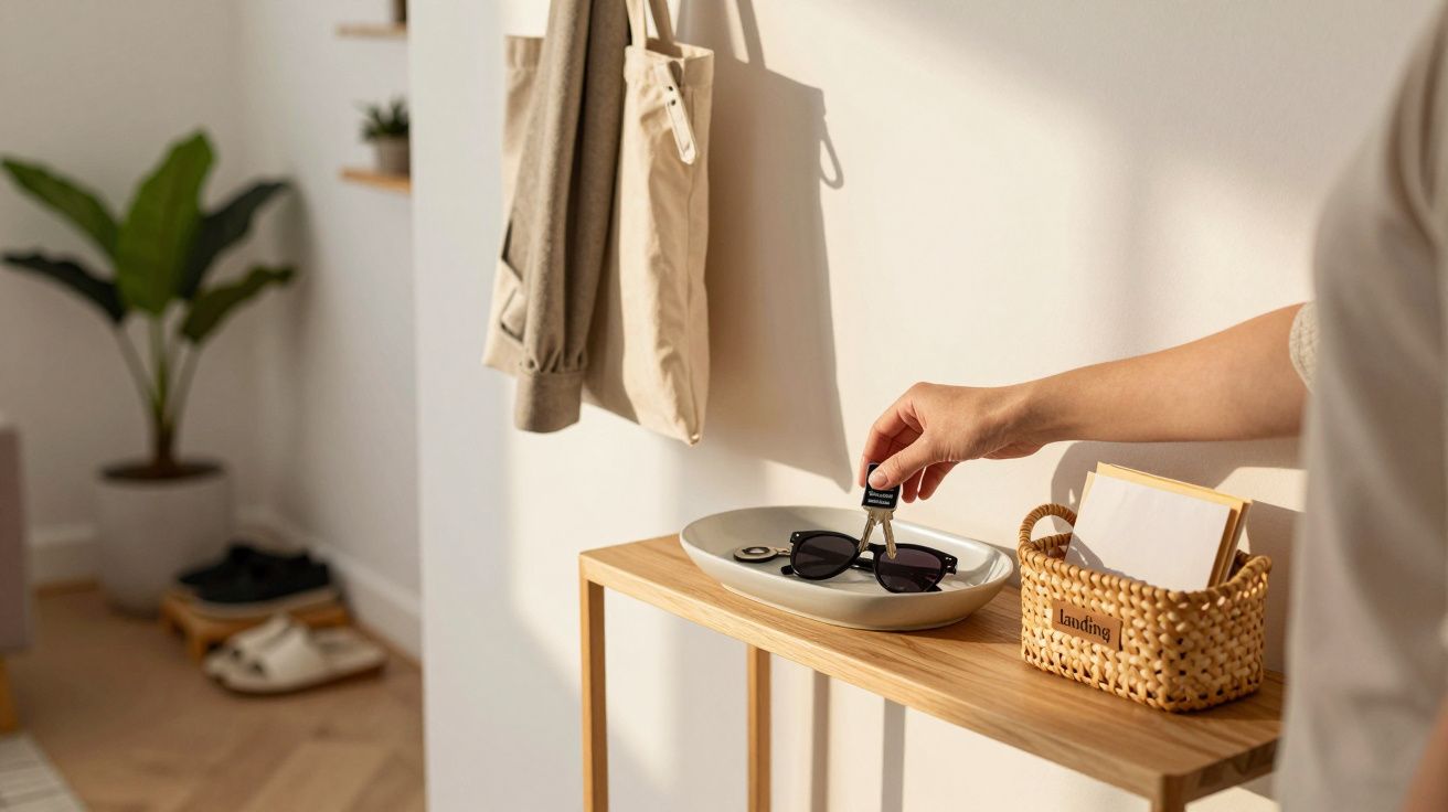 Hand placing sunglasses on a table with a woven basket, coat, and potted plant in a bright, sunlit room.