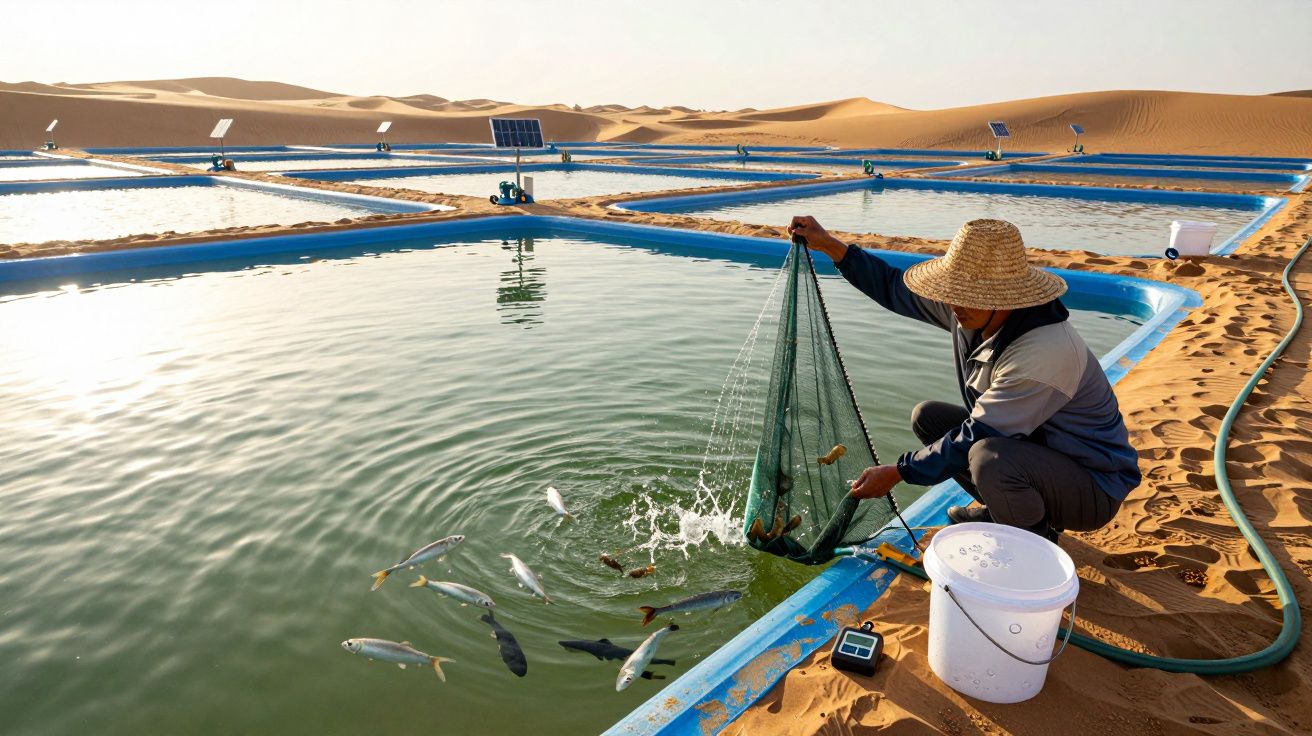 Person harvesting fish with a net at desert fish farm, surrounded by sandy dunes and blue rectangular water tanks.