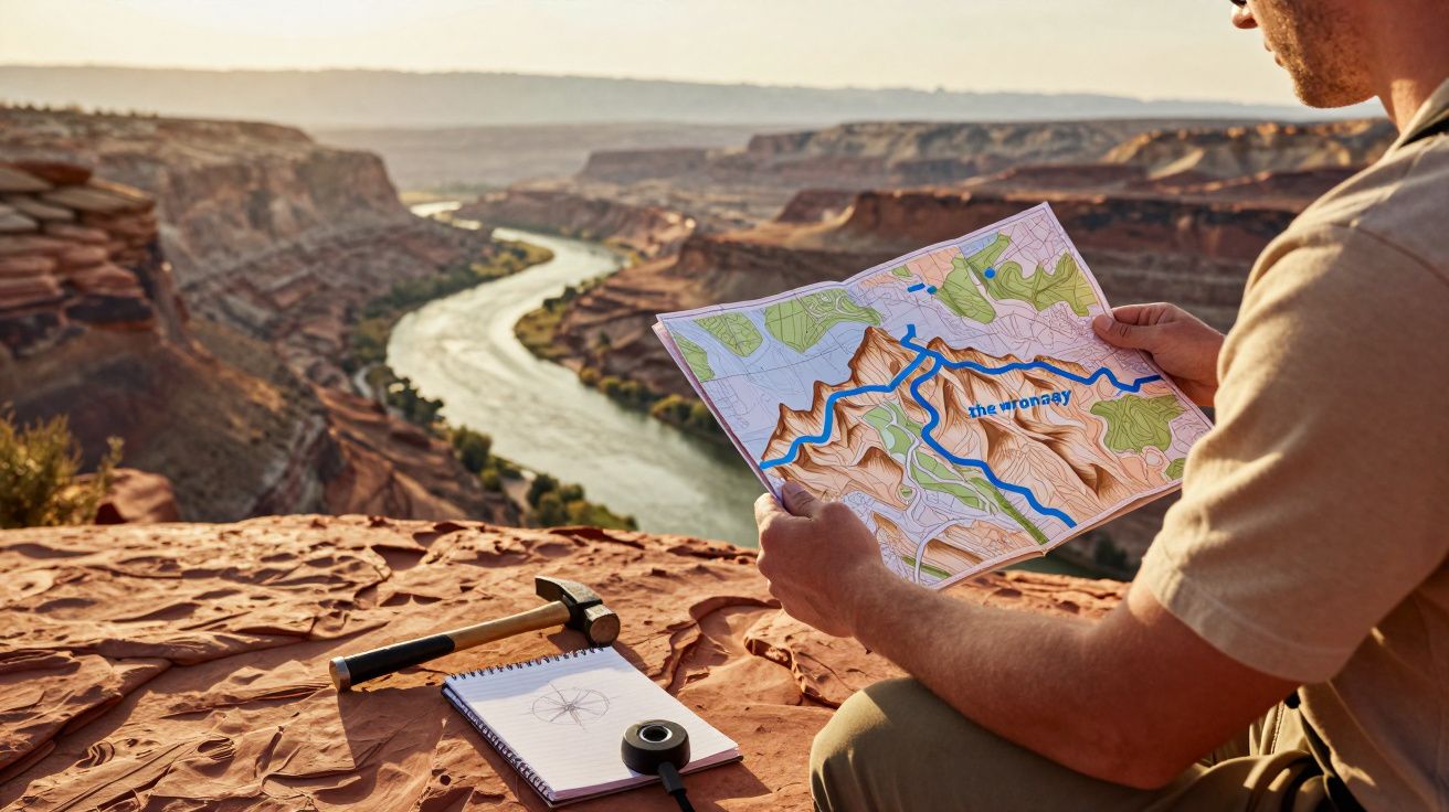 Man holds a map overlooking a winding canyon river, with a compass and notebook on the ground beside him.