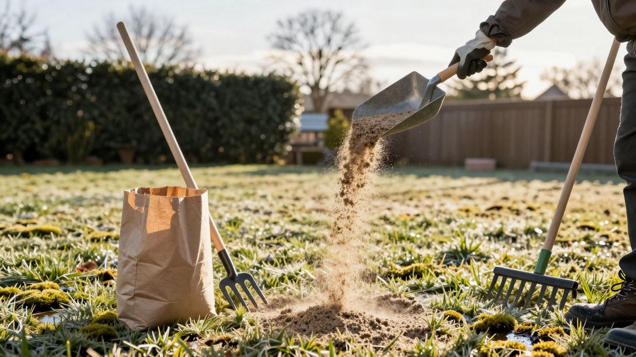 Gardener spreads sand over a frosty lawn with a large scoop, next to a paper bag and two rakes under winter sunlight.