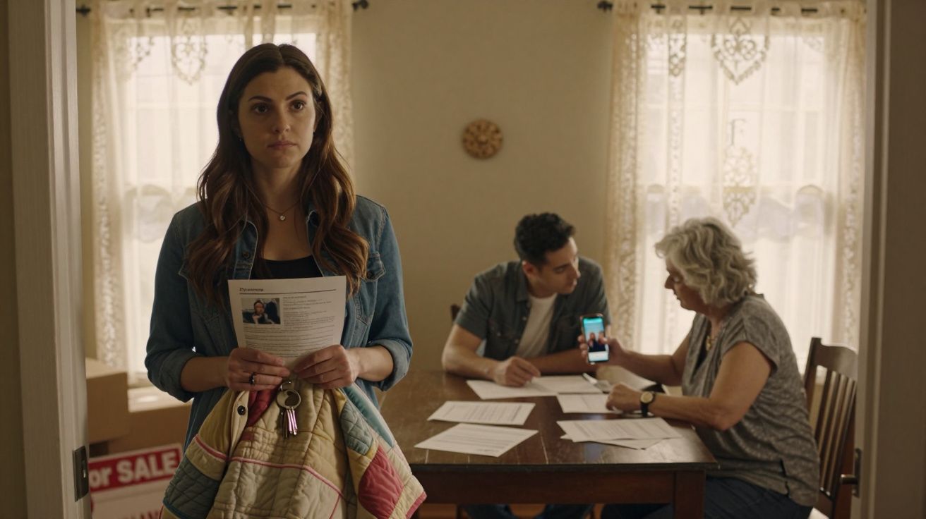 Woman holding papers, standing in foreground; two people sit at a table with documents, one using a mobile phone.