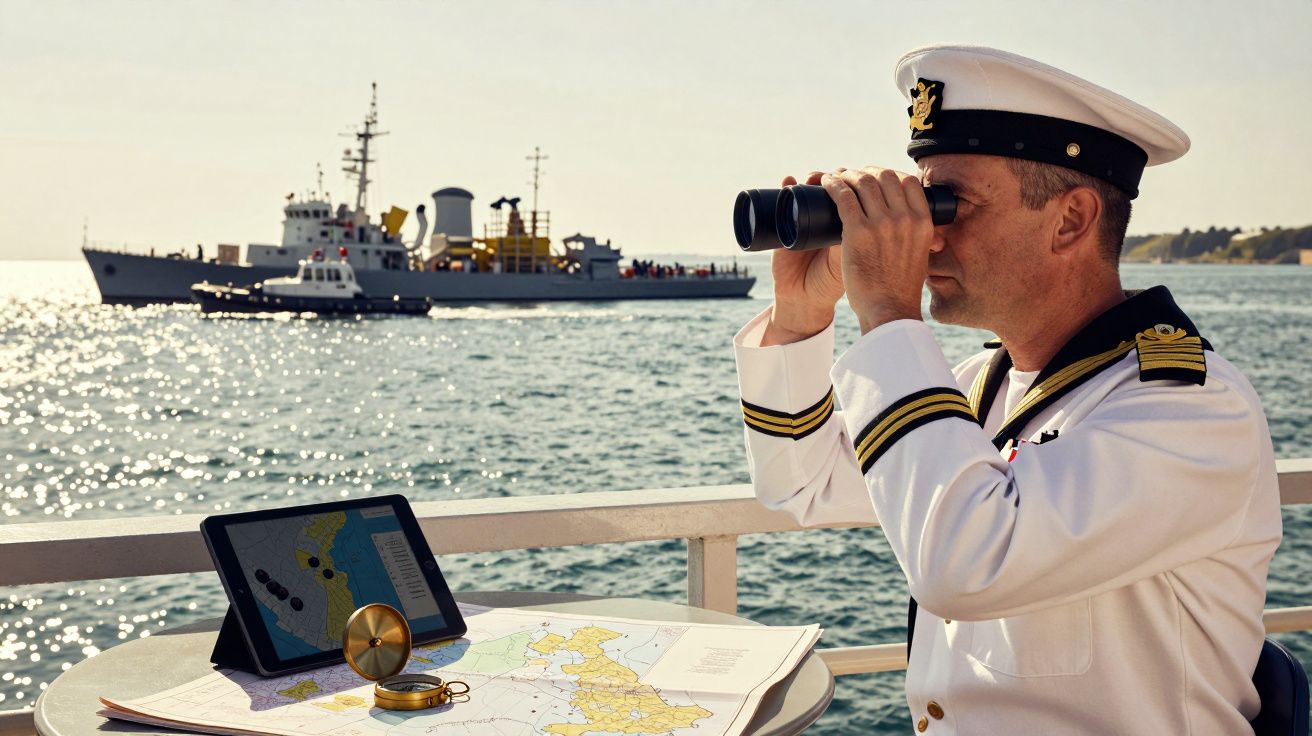 Navy officer in uniform uses binoculars on ship deck, maps and tablet on table, with a naval ship in the background.